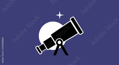 Foto Telescope pointing at moon and star on purple background.