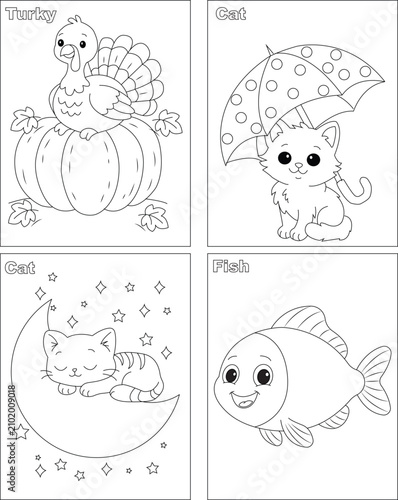 Very cute animals coloring page for kids , 4 in one coloring page package