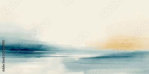 Tableau sur toile Abstract Seascape in Hues of Teal and Ochre A minimalist, abstract depiction of a serene seascape, rendered in soft watercolor washes of teal, blue, and ochre