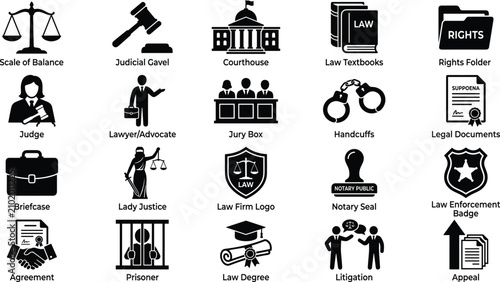 Schilderij op canvas Law and justice icon set with text labels including judge gavel courthouse and a
