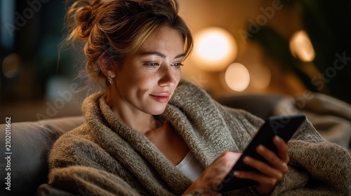 Young woman wrapped in a cozy blanket using her smartphone at night. Happy female browsing on mobile phone in a warm living room. Leisure and technology concept