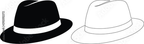 Fényképezés Fedora hat silhouette icon set including solid black and outline vector versions