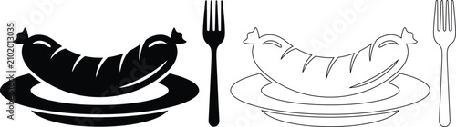 Εκτύπωση καμβά Sausage and fork icon vector illustration set with breakfast silhouette restaura