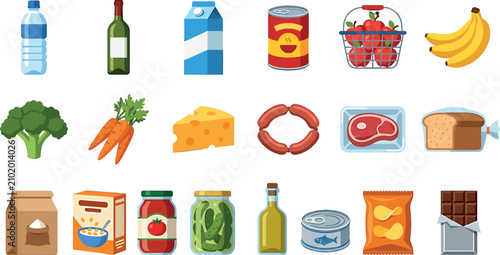 Set of grocery store food items and supermarket products in flat vector illustration style for design