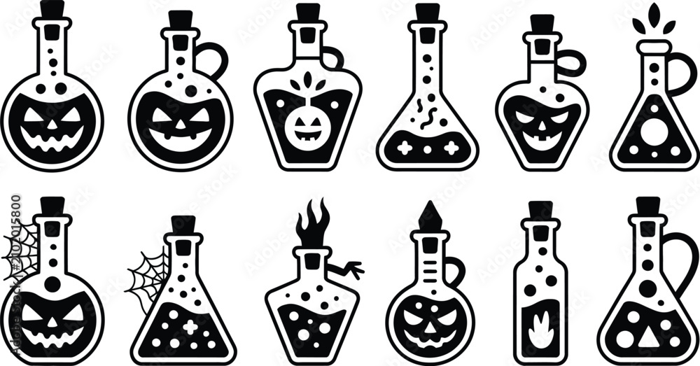 Fototapeta premium Halloween Magic Potion Bottle Silhouette Icons Vector