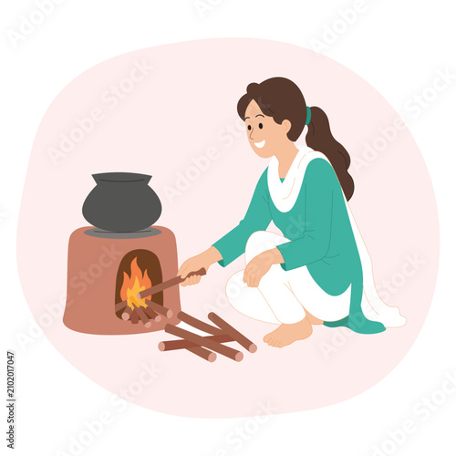 Young Indian Woman Cooking on Traditional Clay Stove, Rural Village Kitchen, Firewood Cooking Flat Vector Illustration.