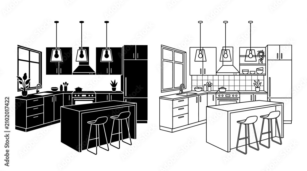 Fototapeta premium Kitchen Interior Illustration Black And White Line Art With Duplicate Views