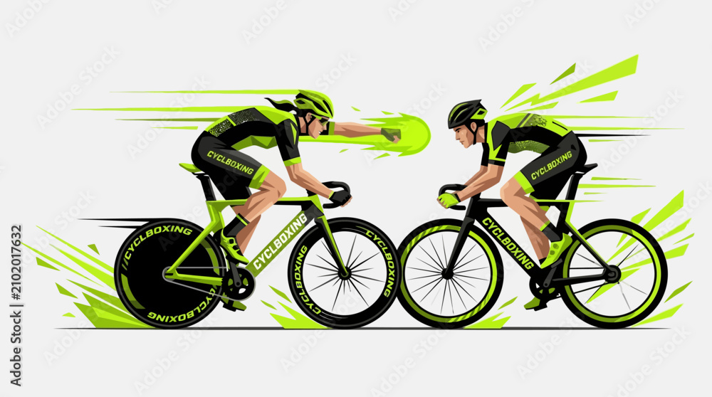 Fototapeta premium Dynamic Cyclists Competing With Neon Green Speed Streaks And Action