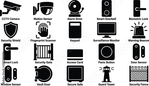 Home security system and surveillance vector silhouette icon collection featuring cctv camera motion sensor fingerprint scanner alarms lock shield gate and safeguard elements.