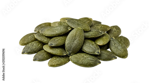 A small pile of raw green pumpkin seeds for healthy snacking and cooking ingredients isolated on transparent background