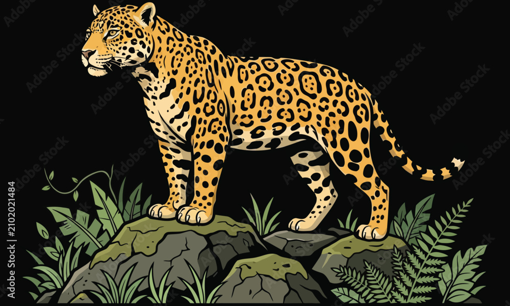 Fototapeta premium Jaguar standing on rocks in jungle vector illustration