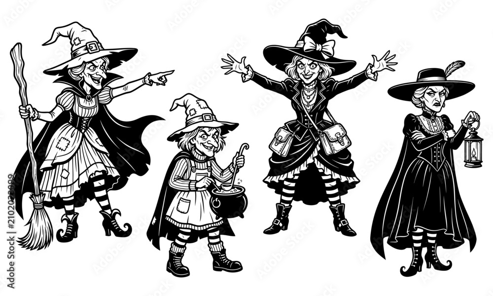 Fototapeta premium Set of hand drawn black and white witch characters for Halloween projects and spooky designs
