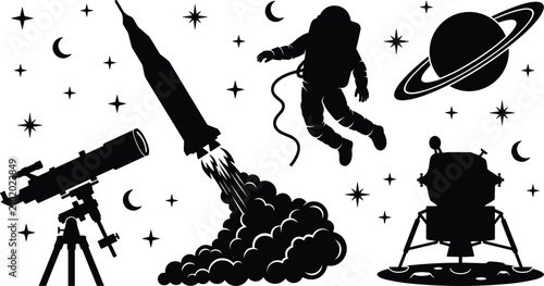 Quadro su tela Space exploration icons set featuring black silhouettes of launching rocket astr