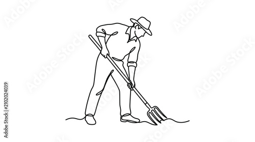 Continuous line drawing of a farmer working with a pitchfork.