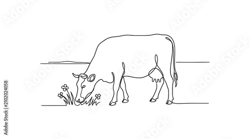 Continuous line drawing of a grazing cow on grass.