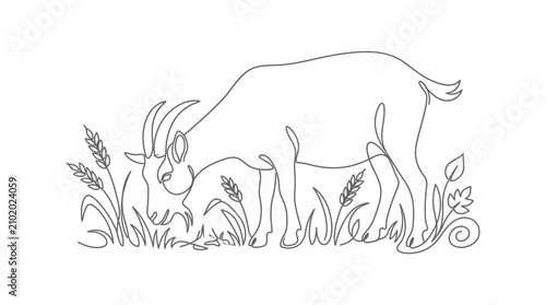 Continuous line drawing of a goat grazing in a field.