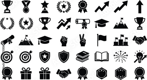 Success and achievement icon set vector illustration featuring award trophy medal graduation cap laurel wreath growth arrow target shield silhouette clip art