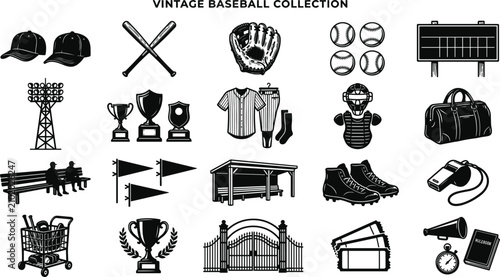 Fotografía Vintage baseball icon collection featuring vector silhouettes of sports equipment bats gloves trophies uniform scoreboard dugout stadium lights and athletic gear