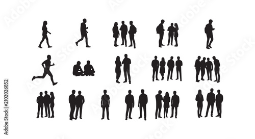 Assortment of black silhouettes portraying various human activities including walking, running, and group interactions.