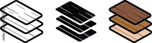 Stacked wooden plank icons set, isometric timber boards construction materials showing natural grain textures and durable layered surfaces and brown