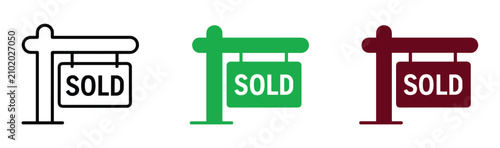 Fotografi Three 'Sold' Signs: A trio of 'Sold' signs, representing different styles from simple line art to bold colors, clearly signifies a property transaction has been completed