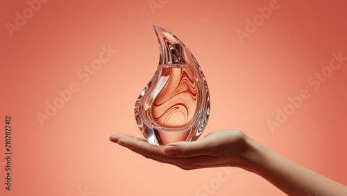 Elegant perfume bottle held in hand against coral background  