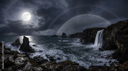 Moonlight shines over a coastal waterfall and a glowing lunar rainbow.
