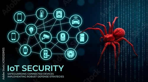 Red spider crawling on digital code background with Io T security IoT security connected devices defense strategies