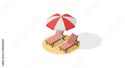Obraz na płótnie Red and white striped beach umbrella and loungers on sand