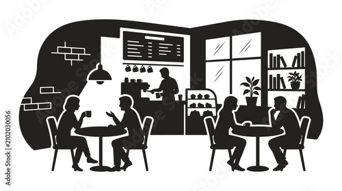 Cafe interior scene in black silhouette style with customers and barista