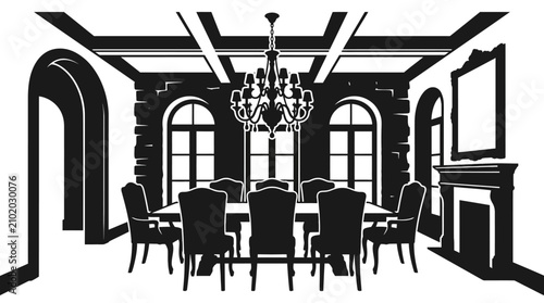 Interior scene with dining table and chairs black silhouette on white background