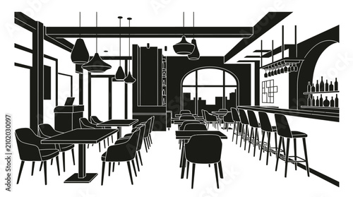 Fotografie Restaurant interior scene in black and white silhouette style