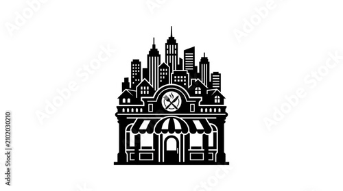 Cityscape with restaurant facade black silhouette on white background