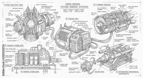 Hand-drawn technical sketch of futuristic energy systems including a mini reactor core, power unit, turbine engine, energy stabilizer and mechanical components on white background.