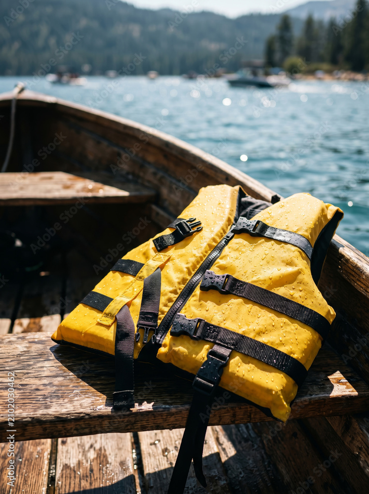 Fototapeta premium Yellow Life Vest on Rustic Wooden Bench Inside Boat Near Lake