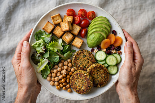 Overhead view of woman's hands holding a plate filled with healthy plant-based food. The composition include, tofu, cherry tomatoes, chickpeas, cucumber, lettuce, dried fruits, avocado and veggy patti