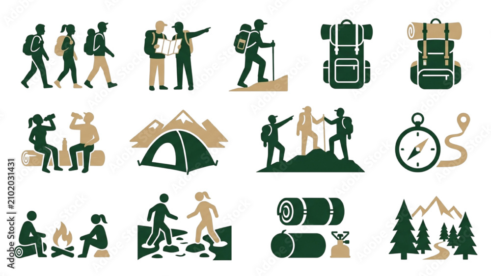 Naklejka premium Friendship Day Silhouette Icons, Friends Hiking and Backpacking Together Vector Sheet, Minimalist Two Color Outdoor Adventure Graphic Asset