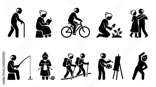 Active senior citizens enjoying a wide range of recreational activities including cycling, gardening, dancing, reading, fishing, knitting, hiking, painting, and exercising.