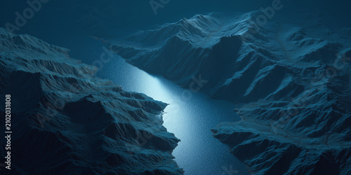 Deep blue canyon with a glowing river flowing through it. The canyon walls are rugged and textured, illuminated by a soft, ethereal light emanating from the water.