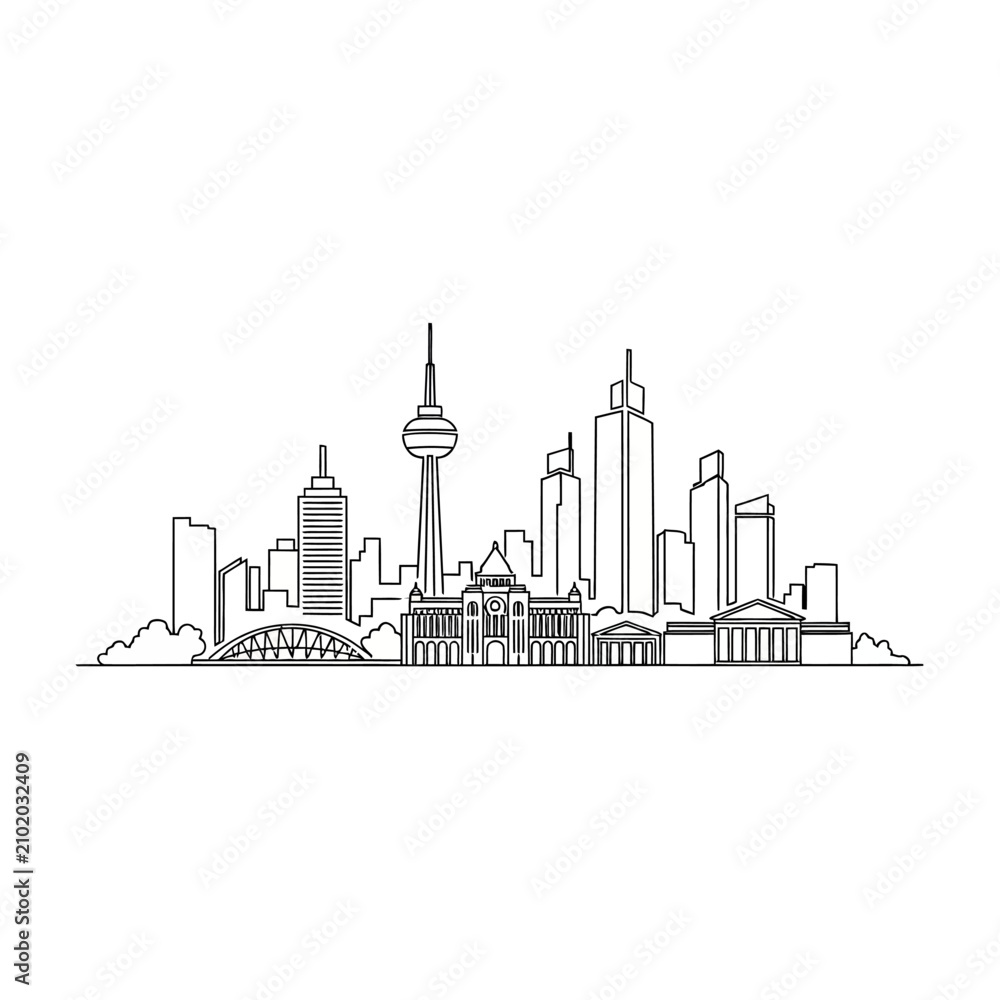 Fototapeta premium Minimalist continuous line art drawing of the Toronto city skyline.