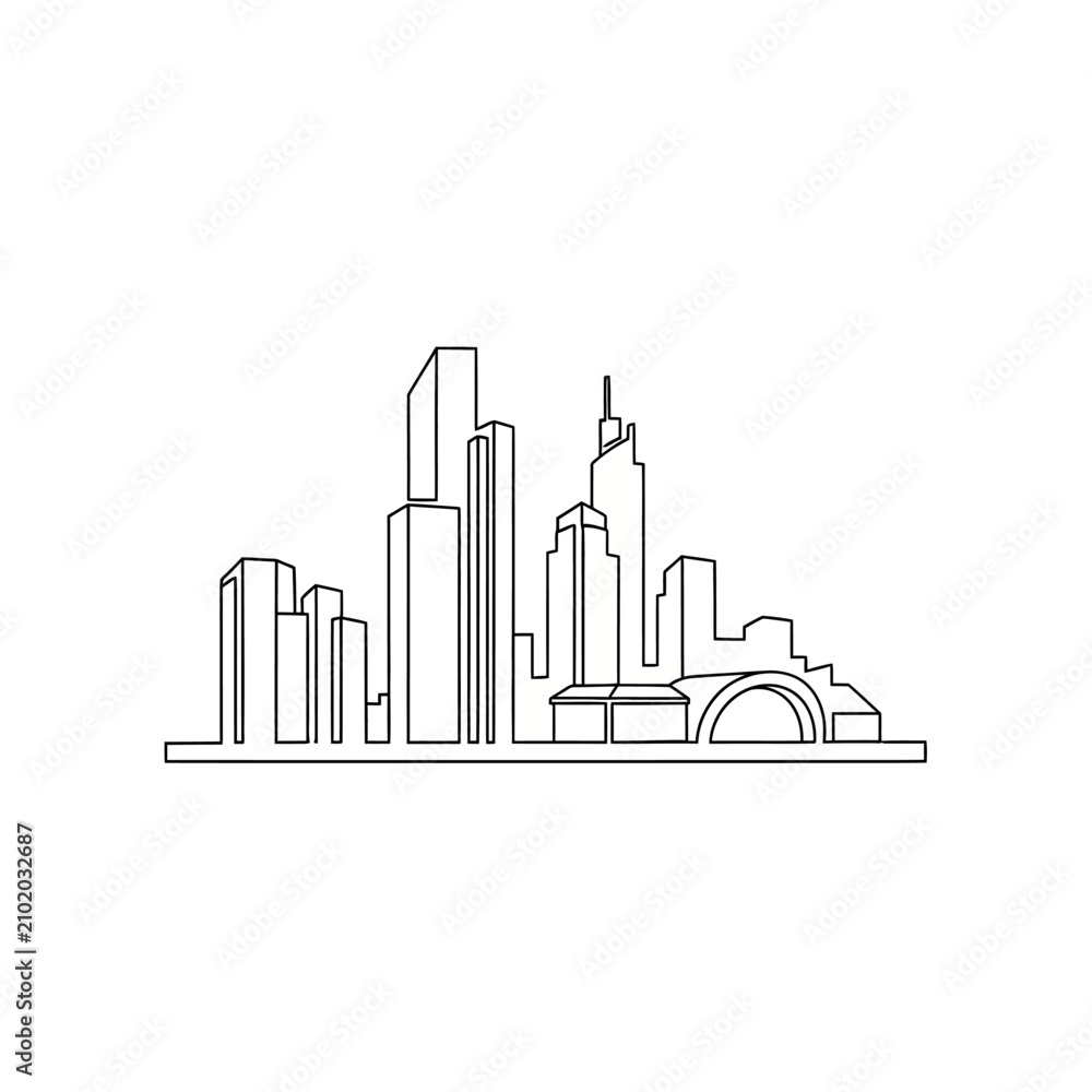 Fototapeta premium Continuous single line drawing of modern city skyline with skyscrapers.