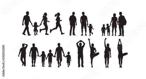 Families with parents and children walking holding hands and engaged in fitness activities like yoga poses, showcasing unity.