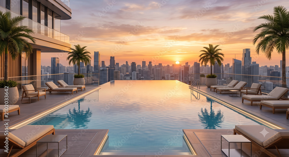 Fototapeta premium Luxury rooftop infinity pool with panoramic city skyline