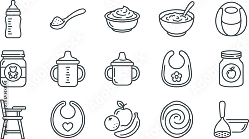 Foto Baby Feeding and Nutrition Thin Line Icon Set Featuring Bottles Food Jars Porrid