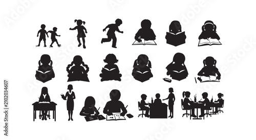 Set of people studying and reading, including children and adults at desks and with books.