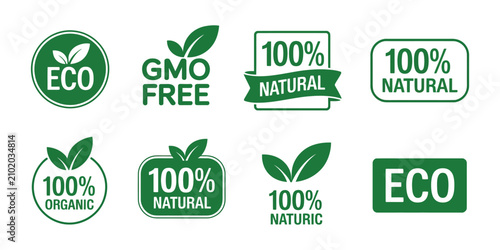 Foto Green eco friendly bio organic natural product labels featuring leaf designs for sustainable packaging, environmental branding, healthy products, and retail marketing