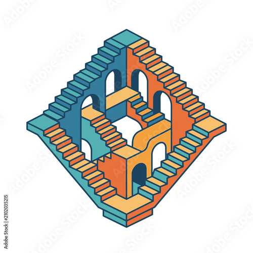 Isometric impossible staircase optical illusion architectural structure
