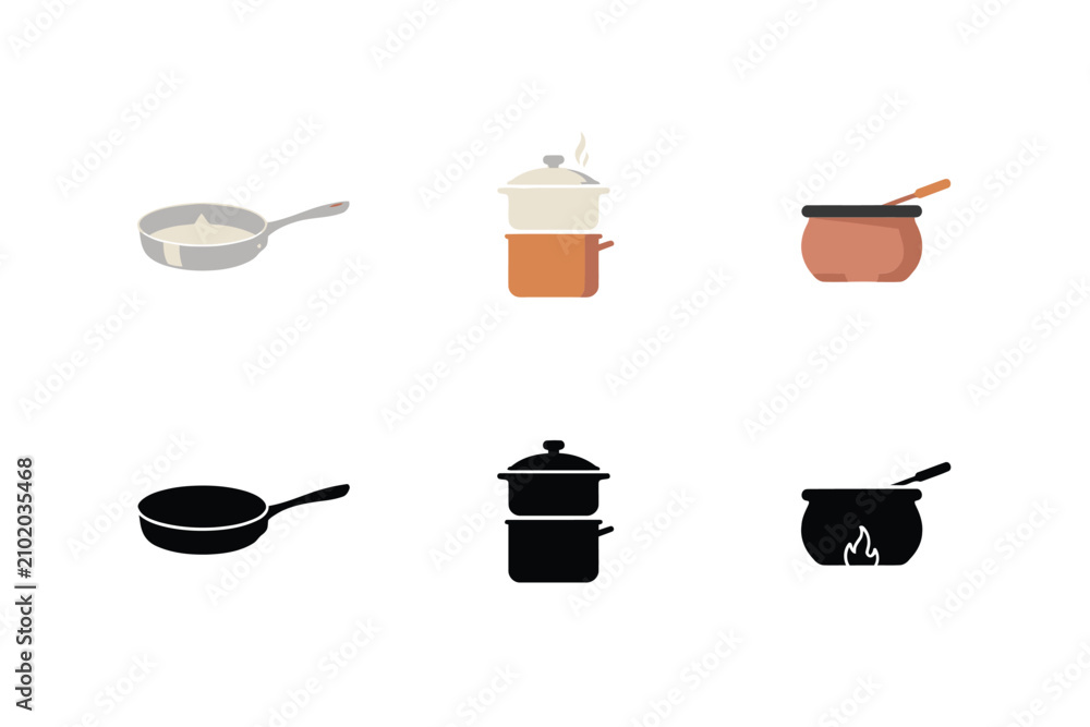 Obraz premium Set of cooking pots and frying pans in flat style and black silhouettes for kitchenware and culinary equipment collection