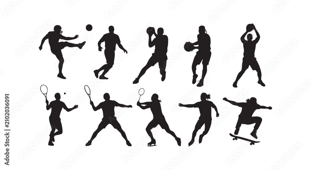 Obraz premium Sport players set collection including american football basketball badminton tennis baseball and skateboarder activity.