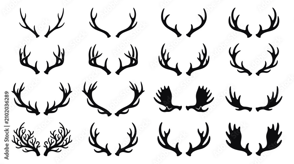 Fototapeta premium Collection of decorative antler and wing silhouette designs for rustic logos and emblems.